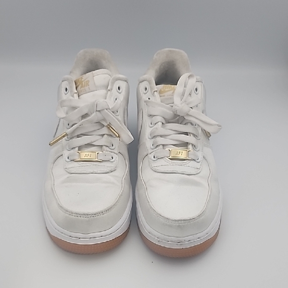 Nike Air Force 1 White Satin Sneakers with Mini Gold Swoosh/Gold Weighted Laces - Picture 2 of 7
